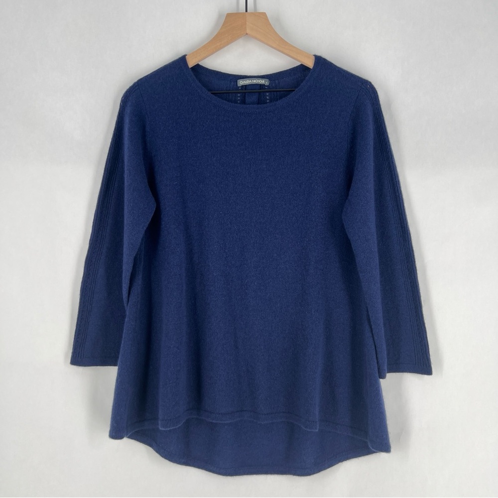 Claudia Nichole Blue Cashmere‎ Pointelle Detail Pleated Back Sweater Size S